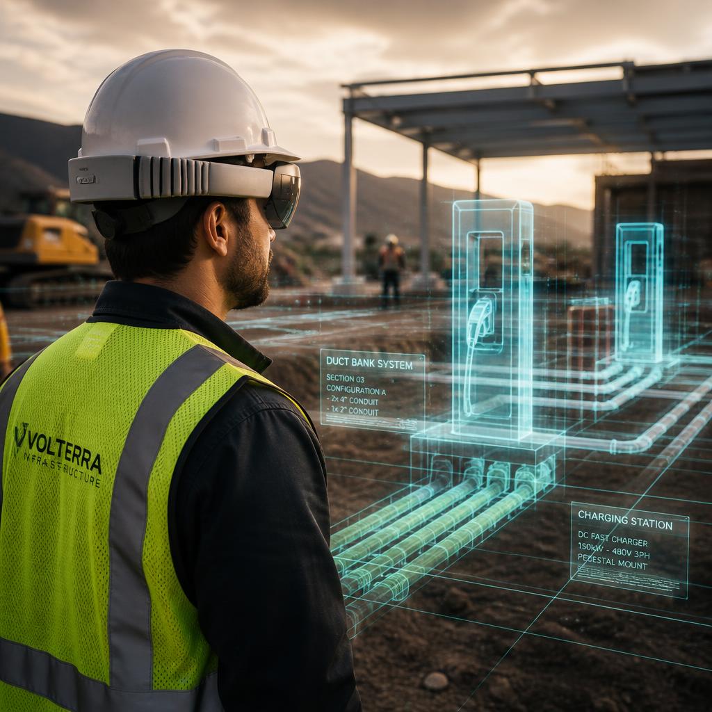 Technicien équipé d'un casque Apple Vision Pro visualisant une borne de recharge en réalité mixte sur chantier